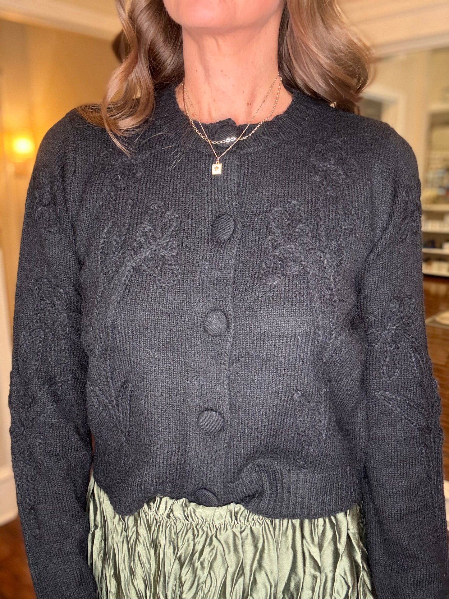BLACK CARDIGAN WITH FLORAL STITCHING 9.10