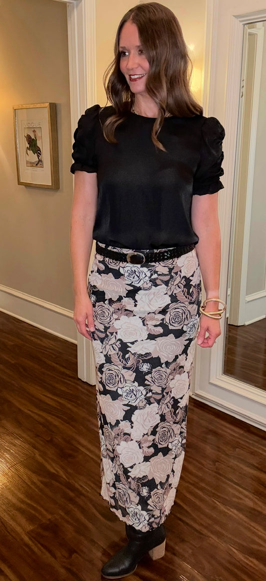 BLACK AND SAND FLORAL MESH SKIRT 7.23