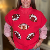 RED SEQUIN FOOTBALL PATCH SWEATER 7.27
