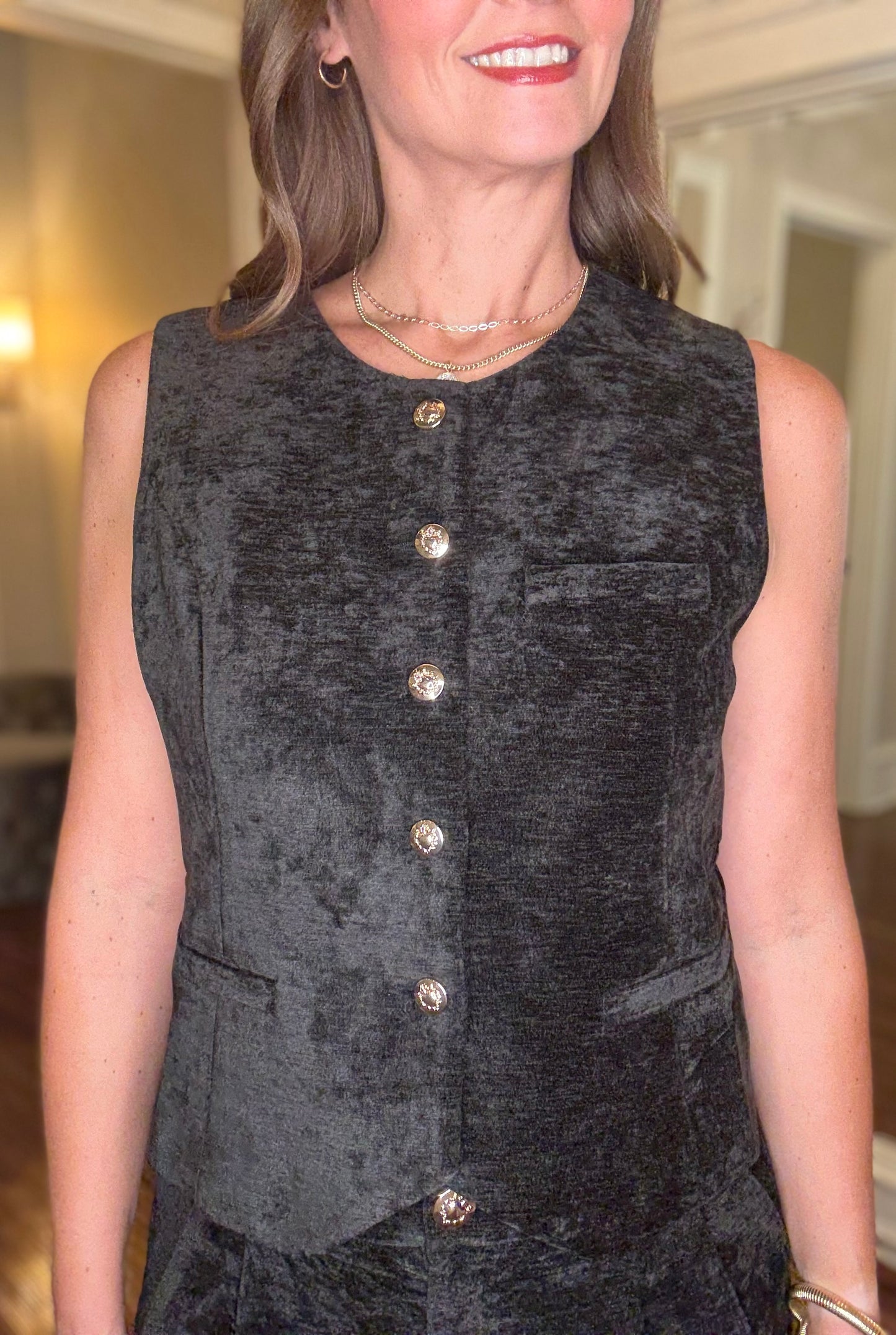 MOLLY BRACKEN CRUSHED VELVET VEST WITH GOLD BUTTONS 8.15