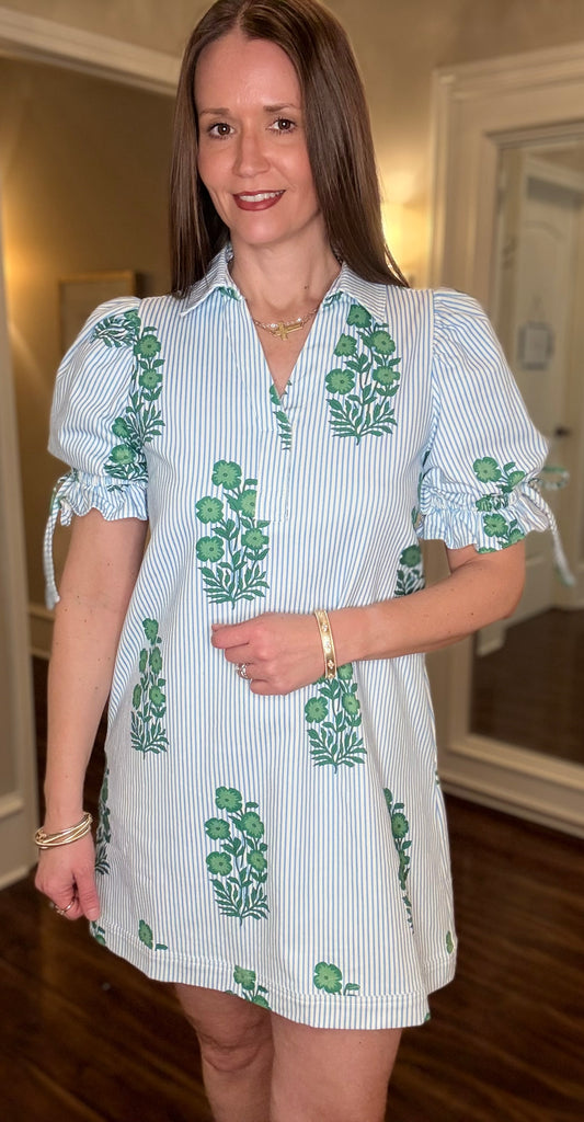 ENTRO BLUE STRIPE WITH GREEN APPLIQUE DRESS 2.4