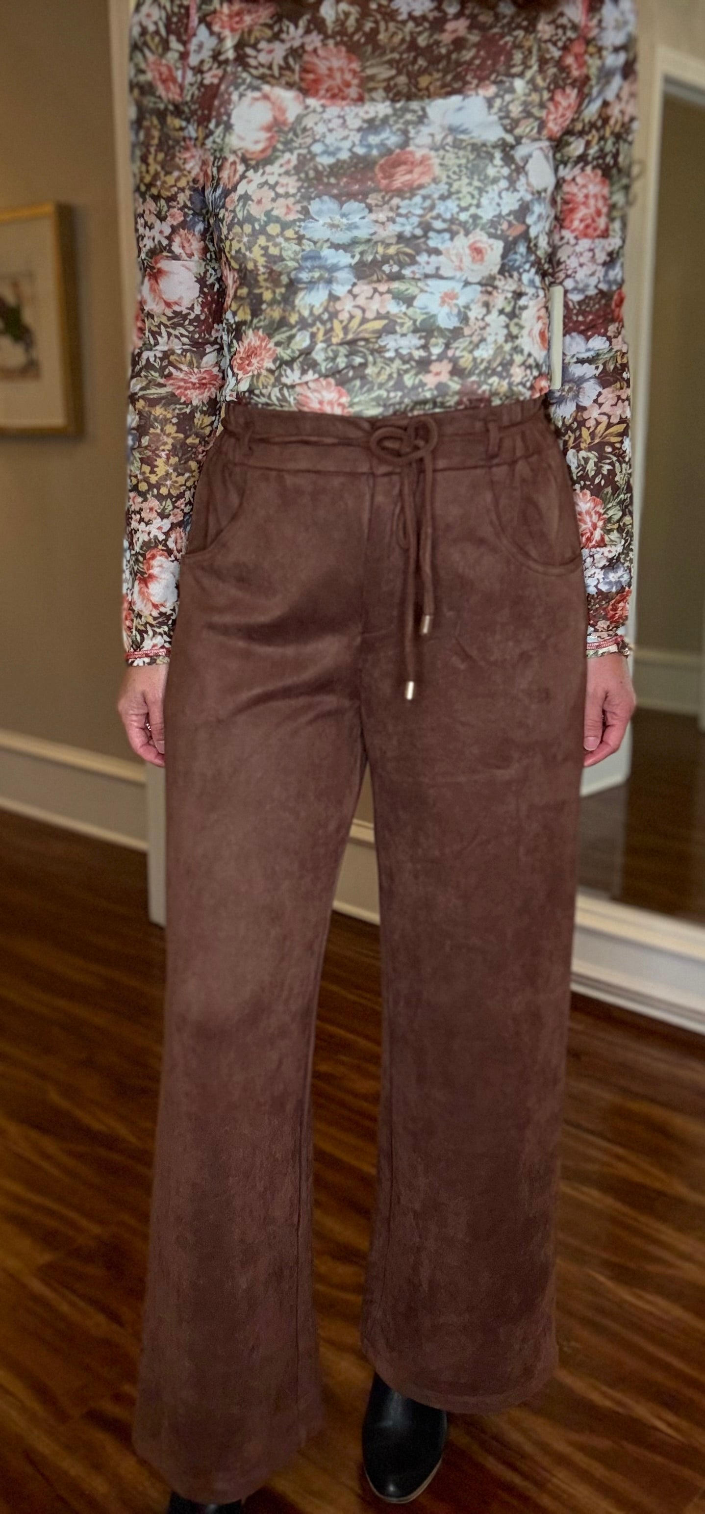 ENTRO BROWN WIDE LEG FAUX SUEDE PANTS 9.11