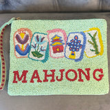 MAHJONG HAND BEADED TOP ZIP CLUTCH 8.7