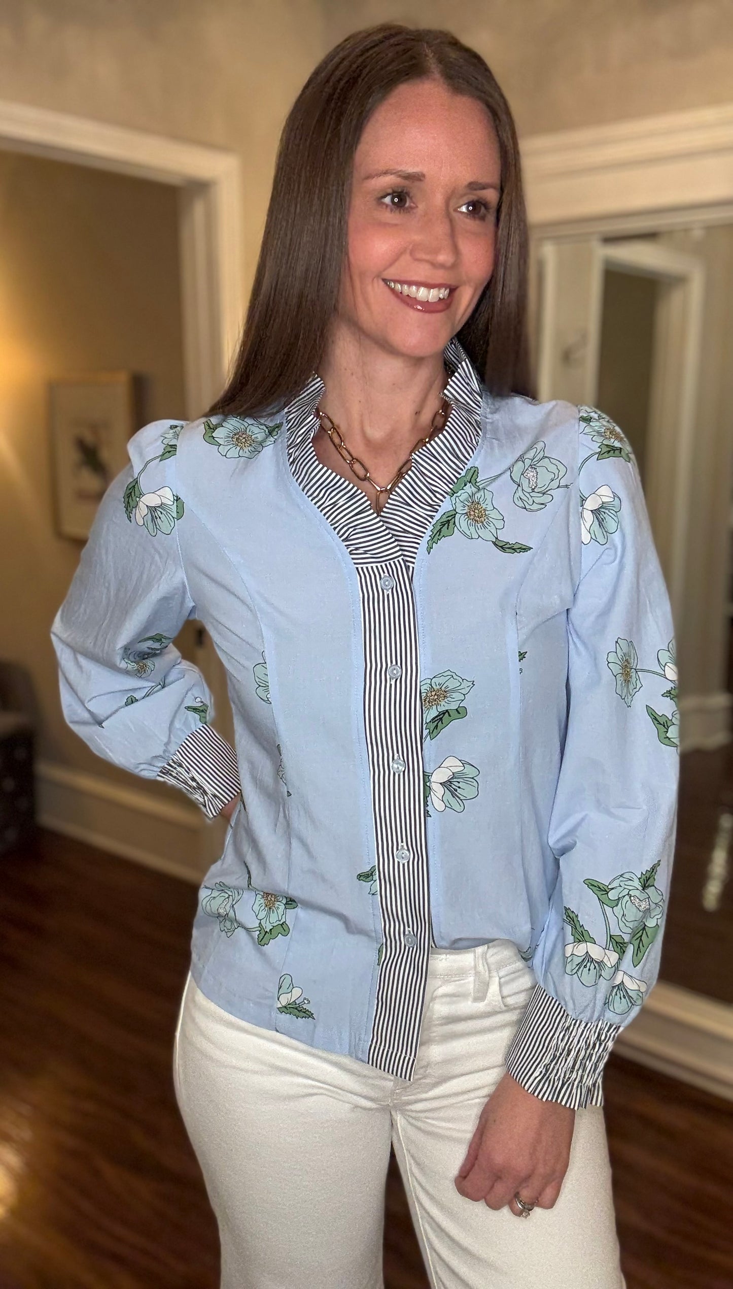 LOVE SOFT BLUE RUFFLE TRIM TOP 2.27