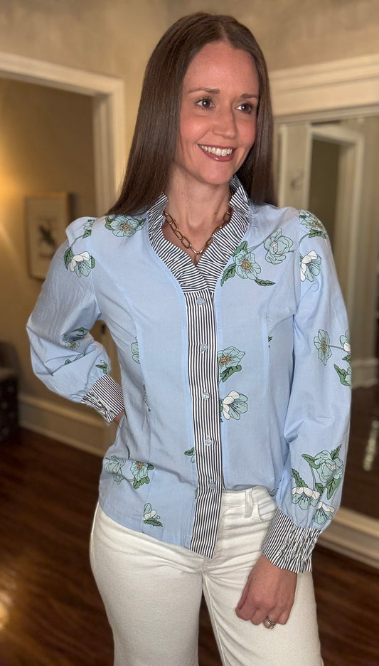 LOVE SOFT BLUE RUFFLE TRIM TOP 2.27