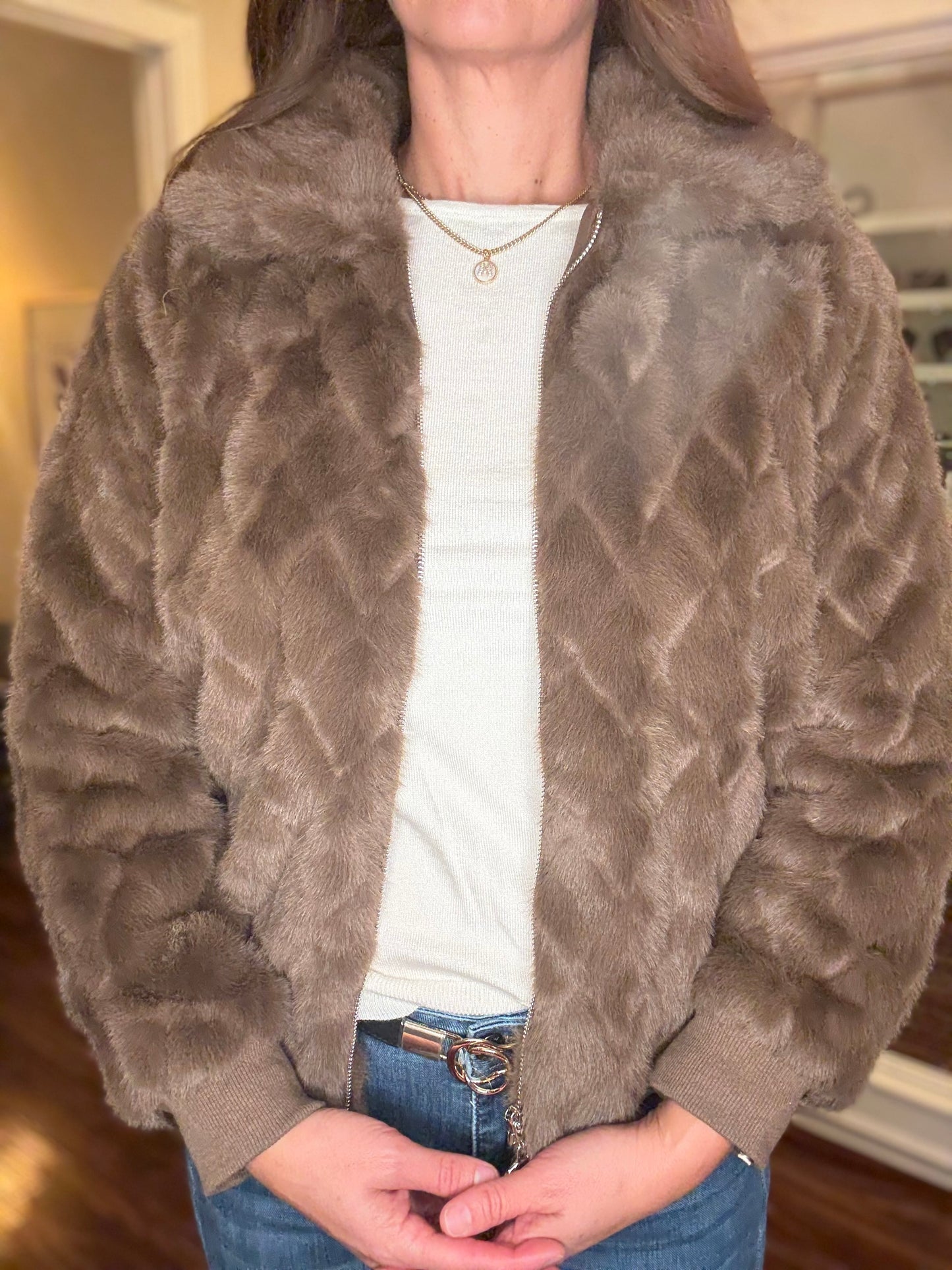 MOLLY BRACKEN BROWN FAUX FUR JACKET 8.15