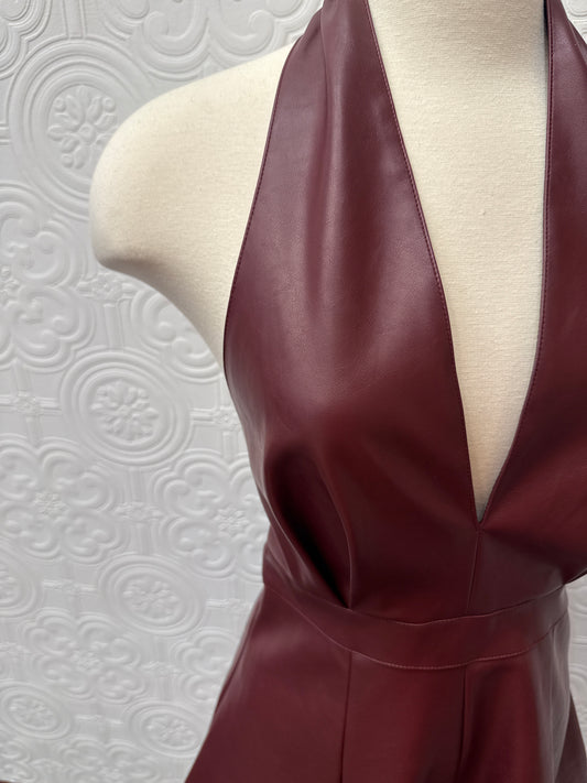 DEEP HALTER NECK LEATHER ROMPER 8.28