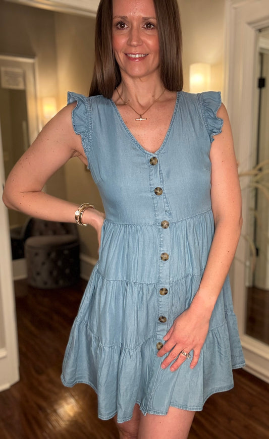 MINE CHAMBRAY BUTTON DOWN MINI DRESS 3.25