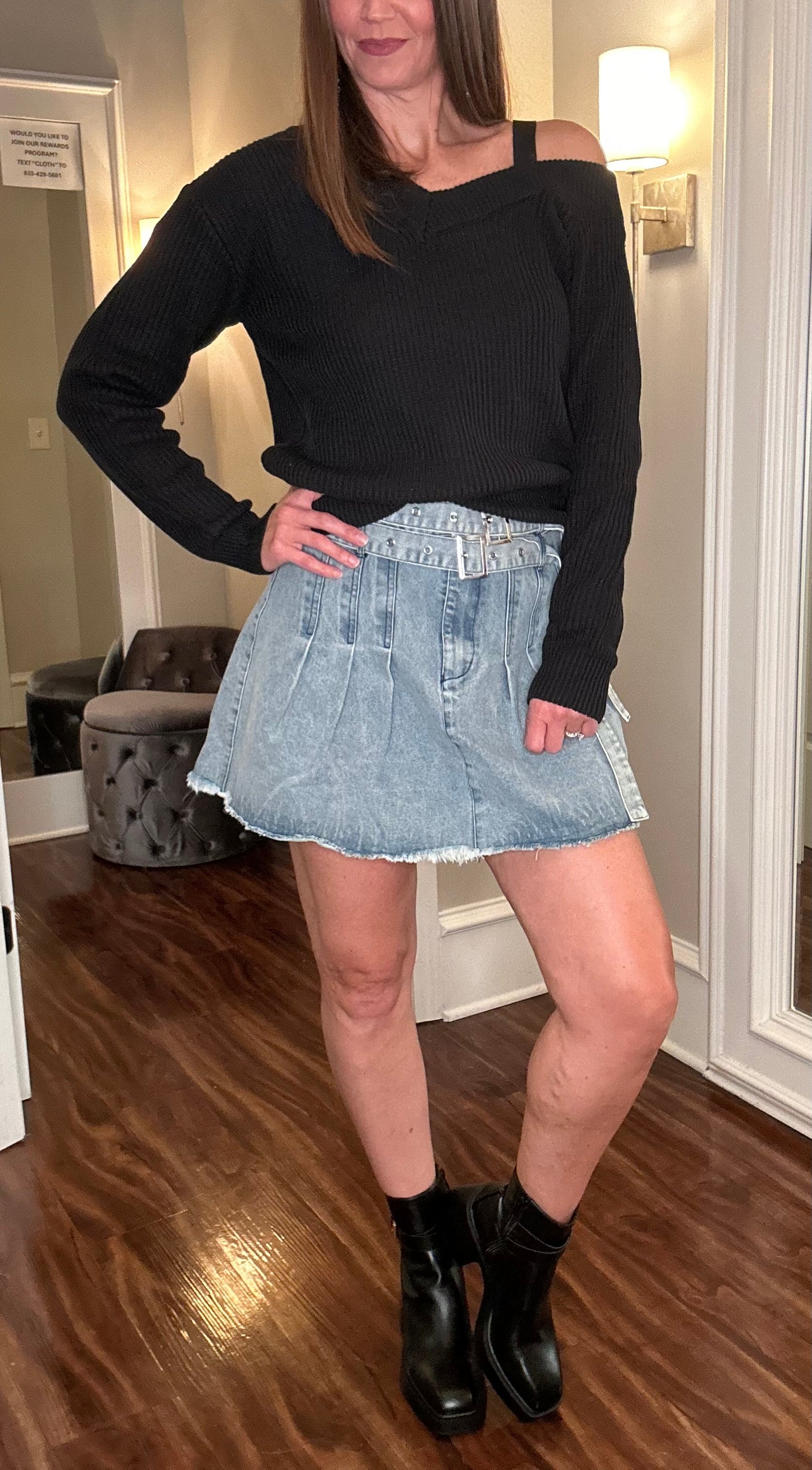 DORCAS DOUBLE BELTED DENIM MINI SKIRT 10.15