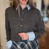 BUTTON DOWN CARDIGAN WITH STRIPED CONTRAST 9.18