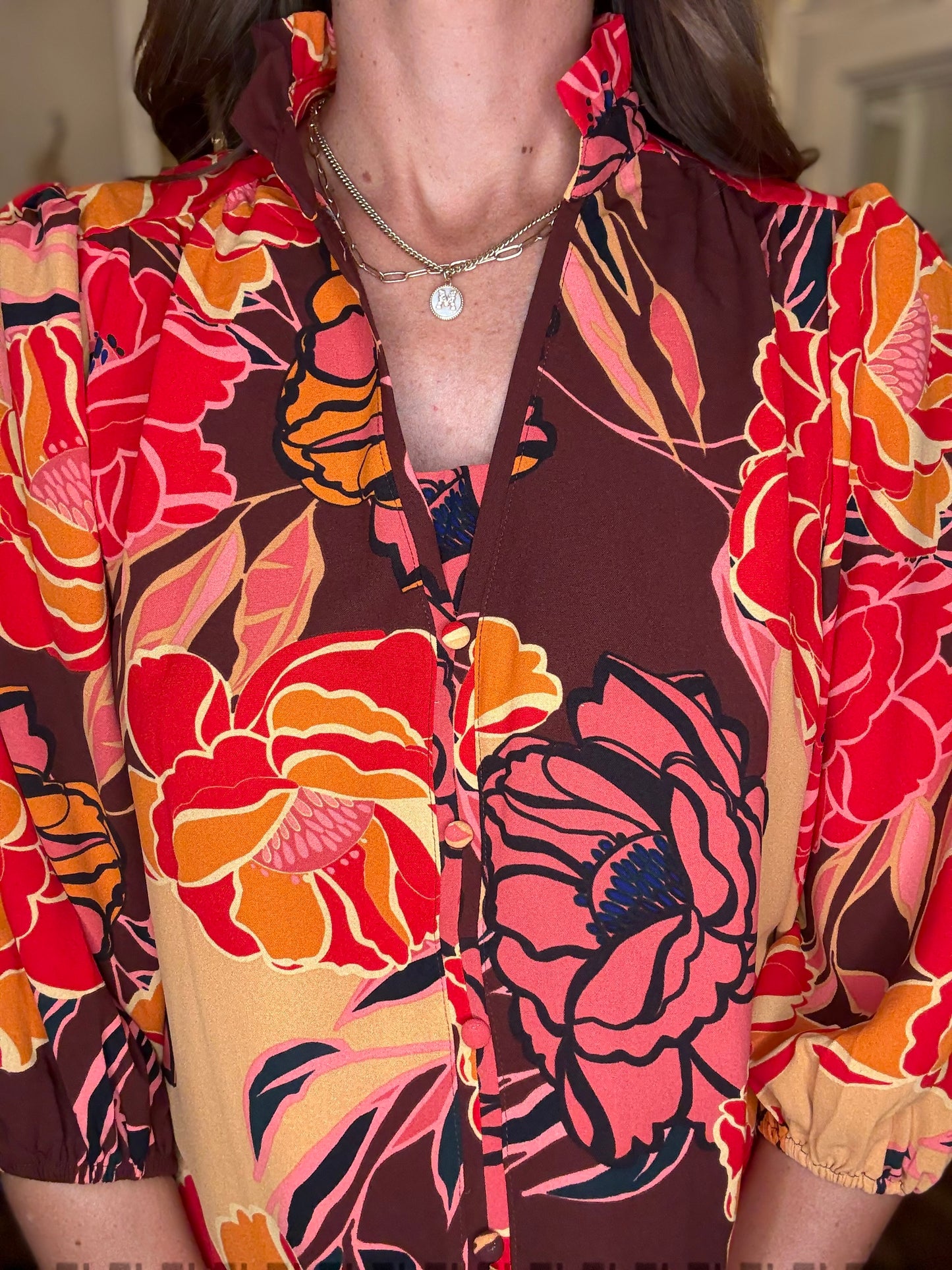 ODDI FLORAL PRINT RUFFLE NECK TOP 7.24