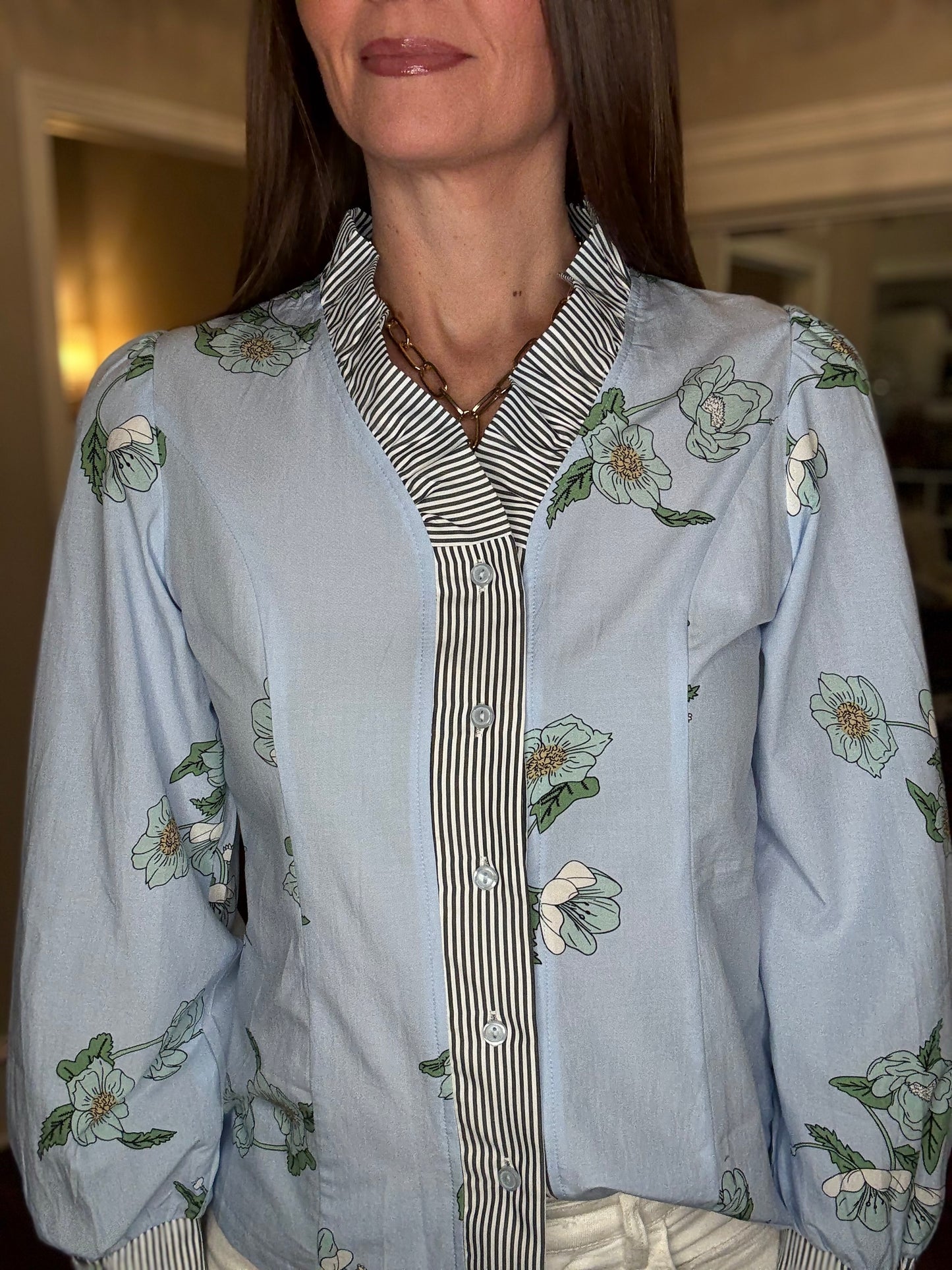 LOVE SOFT BLUE RUFFLE TRIM TOP 2.27