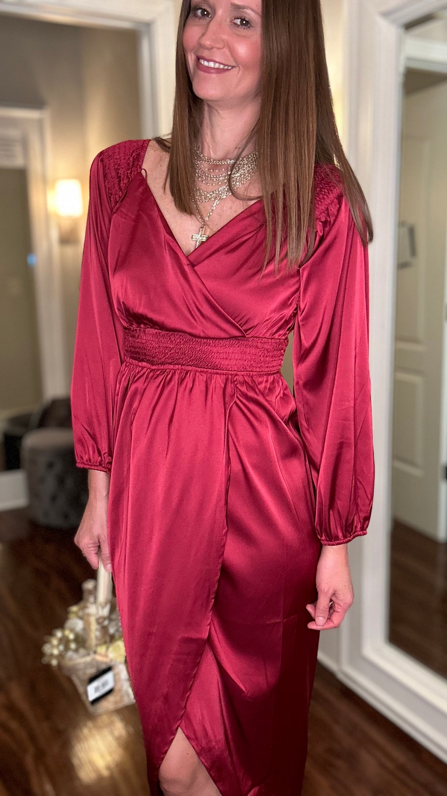 DRESS DAY RUCHED SATIN DRESS BURGUNDY  10.4