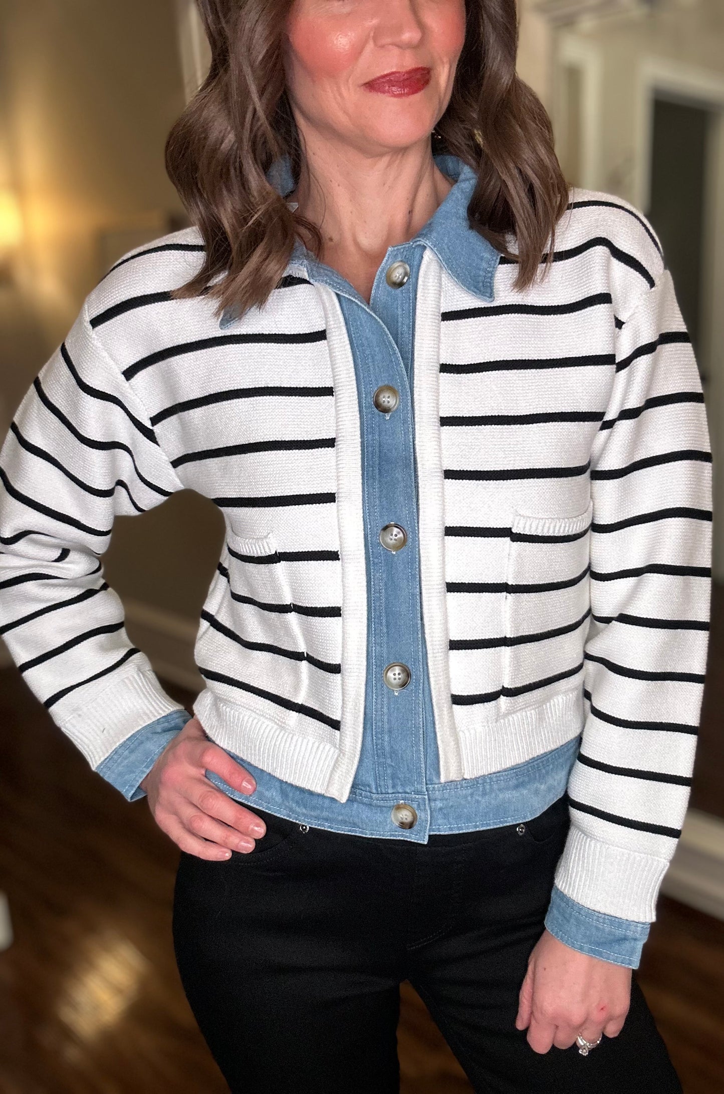 MABLE STRIPE KNIT & DENIM CARDI  12.23