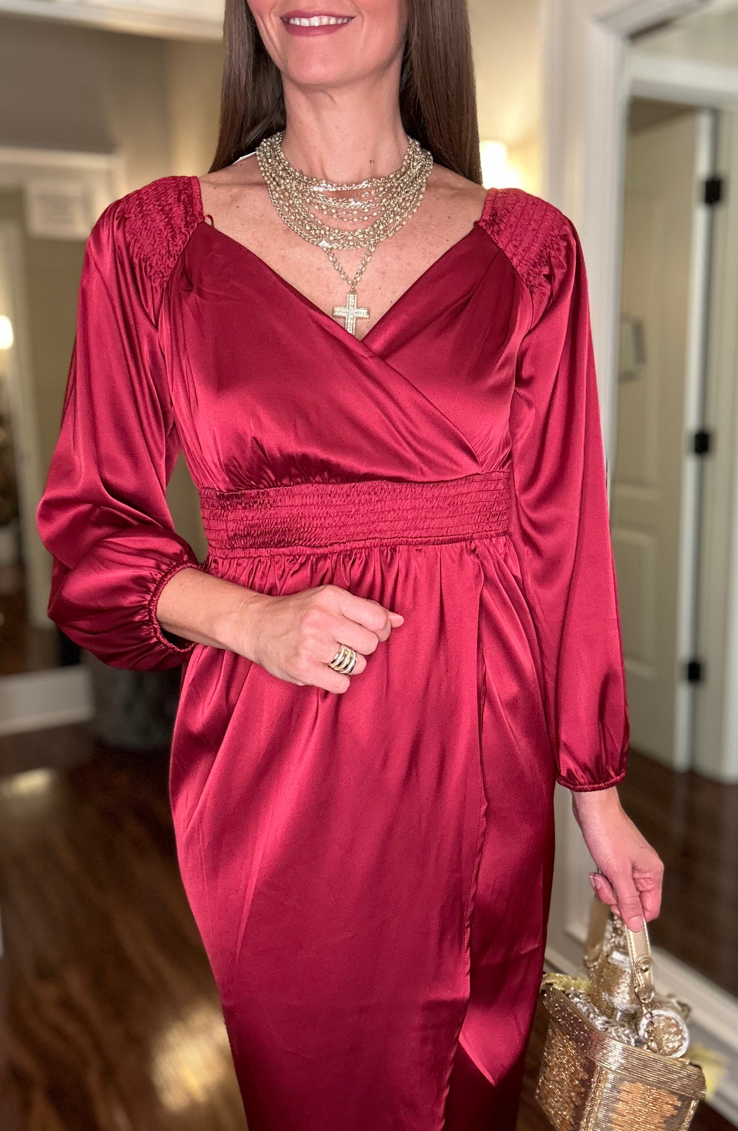 DRESS DAY RUCHED SATIN DRESS BURGUNDY  10.4