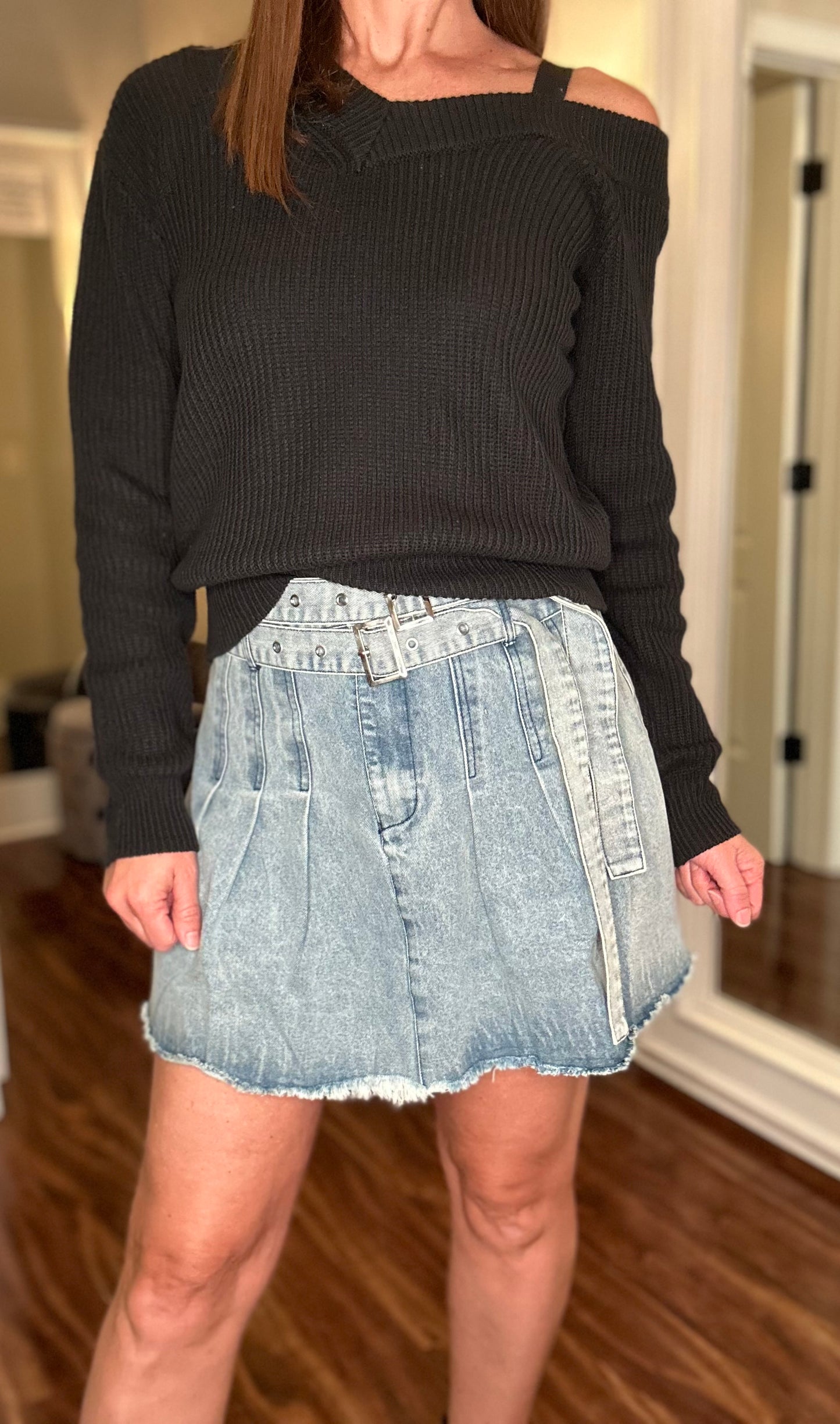 DORCAS DOUBLE BELTED DENIM MINI SKIRT 10.15