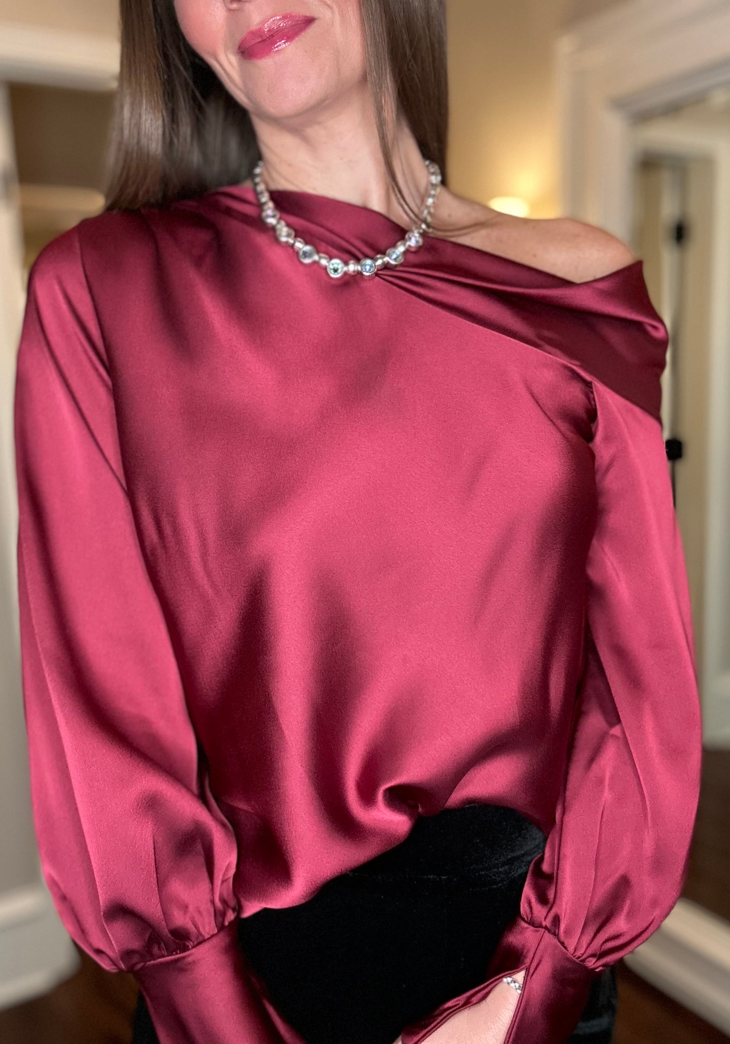 DROPPED SHOULDER LONG SLEEVE SATIN TOP 11.15