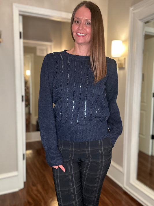 MOLLY BRACKEN NAVY SEQUINED SWEATER FINAL SALE