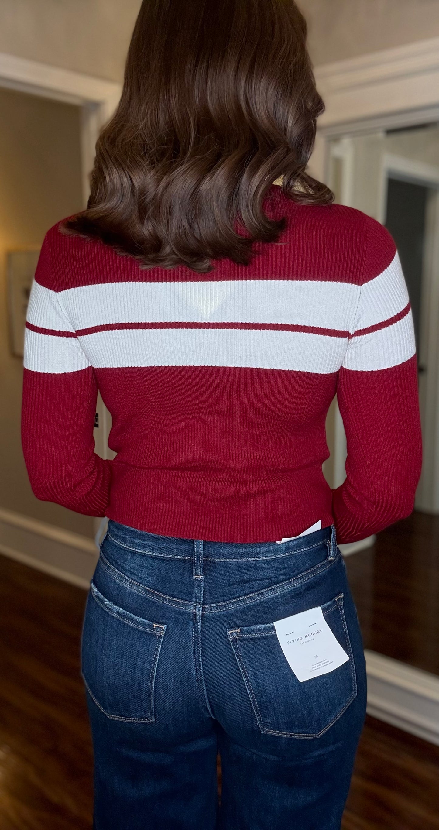 WINE/CREAM STRIPED RIB SWEATER