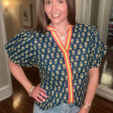 THML NAVY PUFF SLEEVE VNECK TOP 3.25