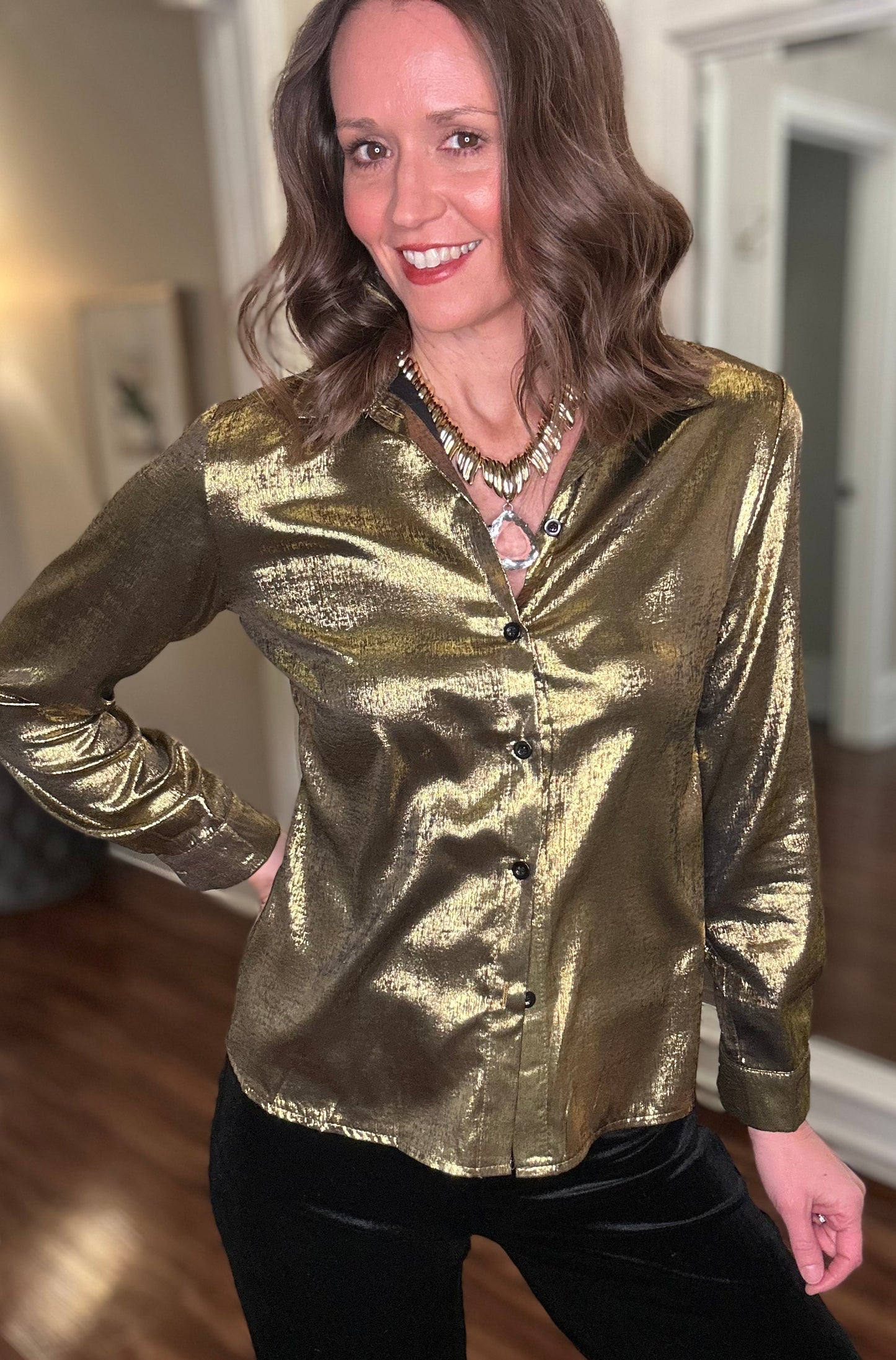 METALLIC LONG SLEEVE SATIN BLOUSE 12.11