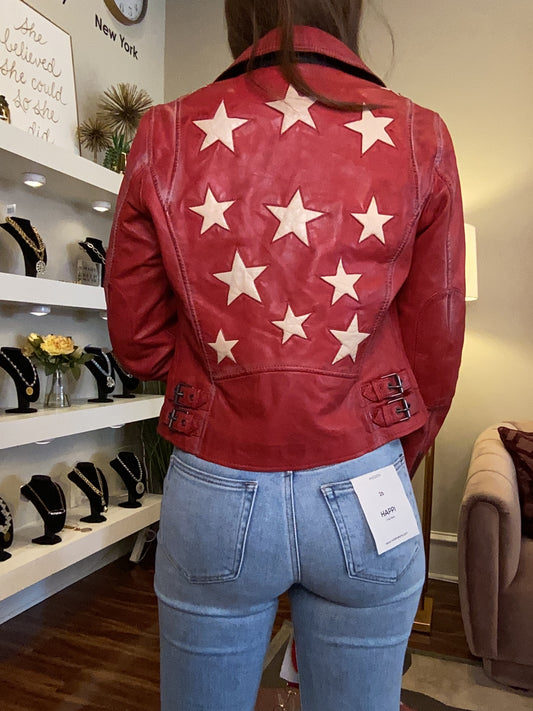 MAURITIUS RED LEATHER JACKET WITH STARS